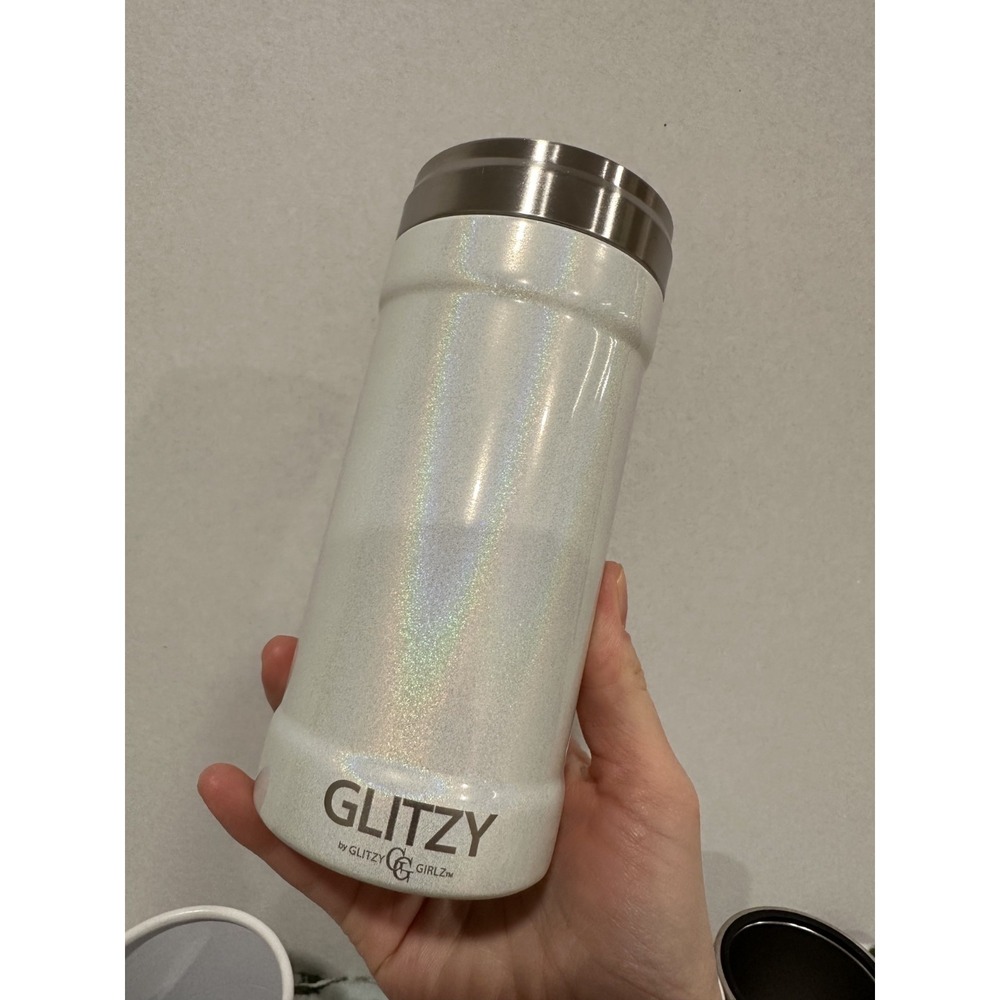 GLITZY Skinny Can Coolers White & Teal Glitter Insulated 12oz 2 Pack - Picture 2 of 3